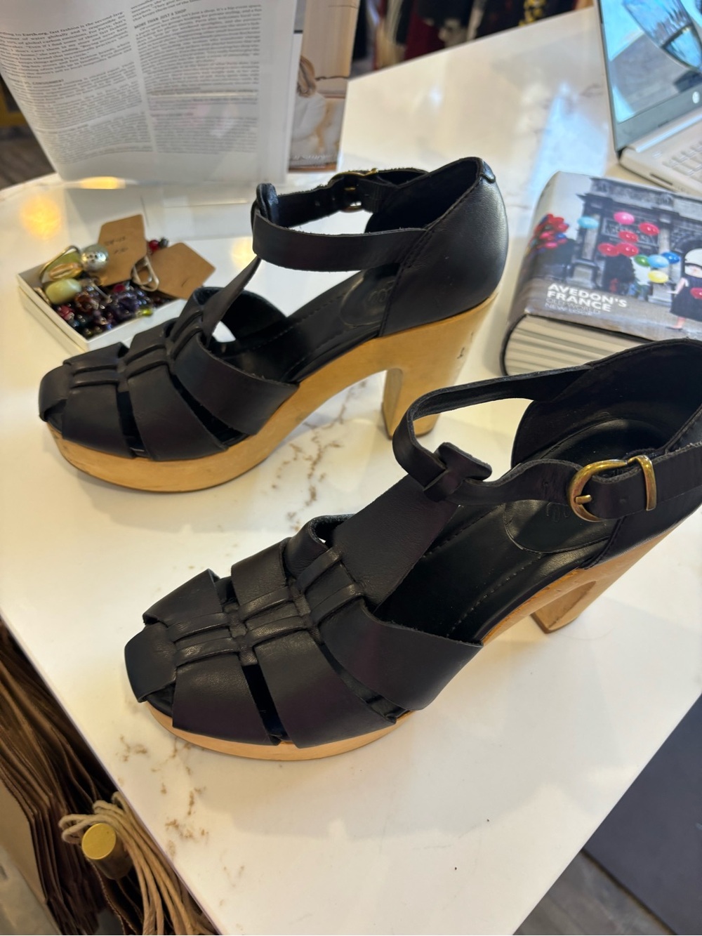 Madewell Black Leather Platform Heels with Wooden Block Heel